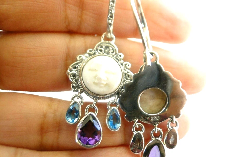 Balinese Goddess Close Eyes Amethyst Blue Topaz 925 Sterling Silver Earrings - Image 3 of 4