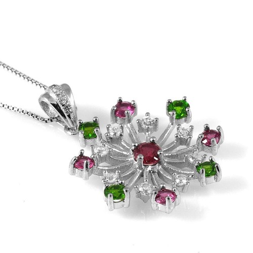 Real Diopside & Tourmaline Snowflake Pendant 18" Necklace Sterling Silver Gift - Picture 3 of 5