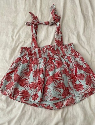 C&C California Blue Red Floral Tropical Baby Doll Top Tie Straps Size Small