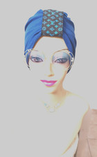 Pretty Turban Chemo Cancer Hat Hair Loss Turban. Light Blue on Black/Blue top