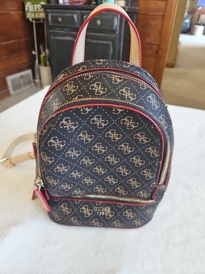 Guess Manhattan Brown Backpack Purse 4G Logo Print W/Red Accents Gold Hardware