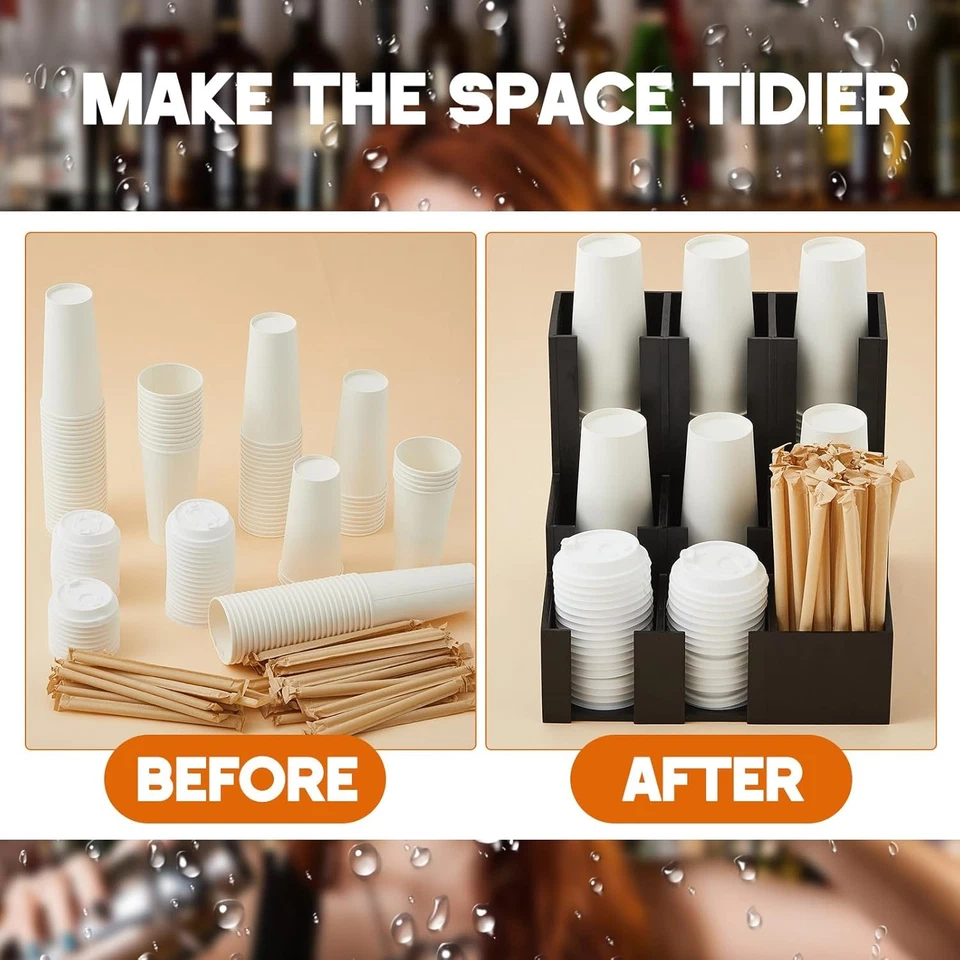 Dispensador vertical de madera para taza de café y tapa, condimento de café negro Foto 4 de 4