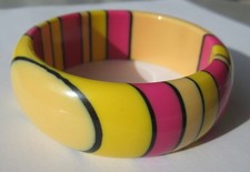 Stripey hot  pink /yellow / black Sliced Resin Chunky cuff  Bangle  Unsigned