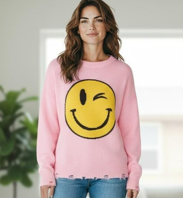 FROGBOX Pullover Pulli im used Look Baby Pink - Smiley - 100 % Wolle Gr. 36 (S)