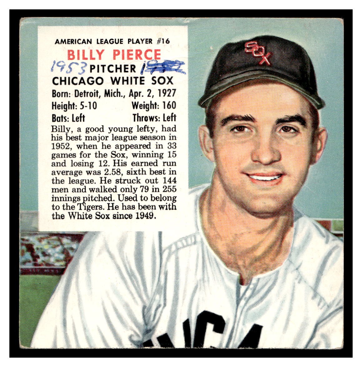 1953 Red Man BASEBALL #AL16 Billy Pierce No Tab RM1-02