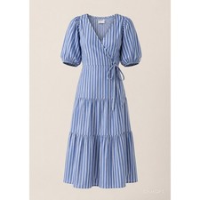 OLD NAVY Cottagecore Coastal Resortwear Blue Stripe Wrap Cotton Dress Smocked M
