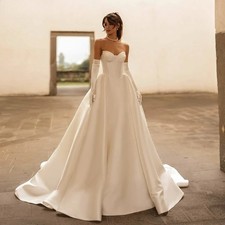 Elegant Ivory Satin Wedding Dress A-Line Strapless Pleated Fairy Bride Prom Gown