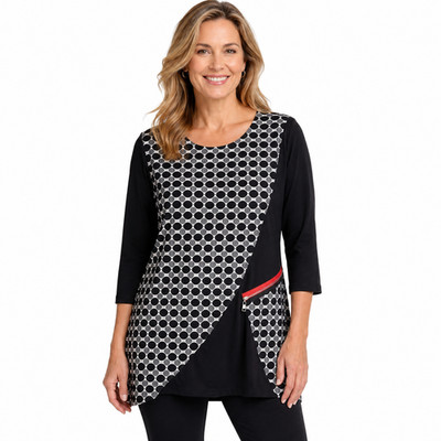 Ali Miles Tunic Blouse Womens Large Black Geometric Zip Pocket 3/4 Sleeve Top