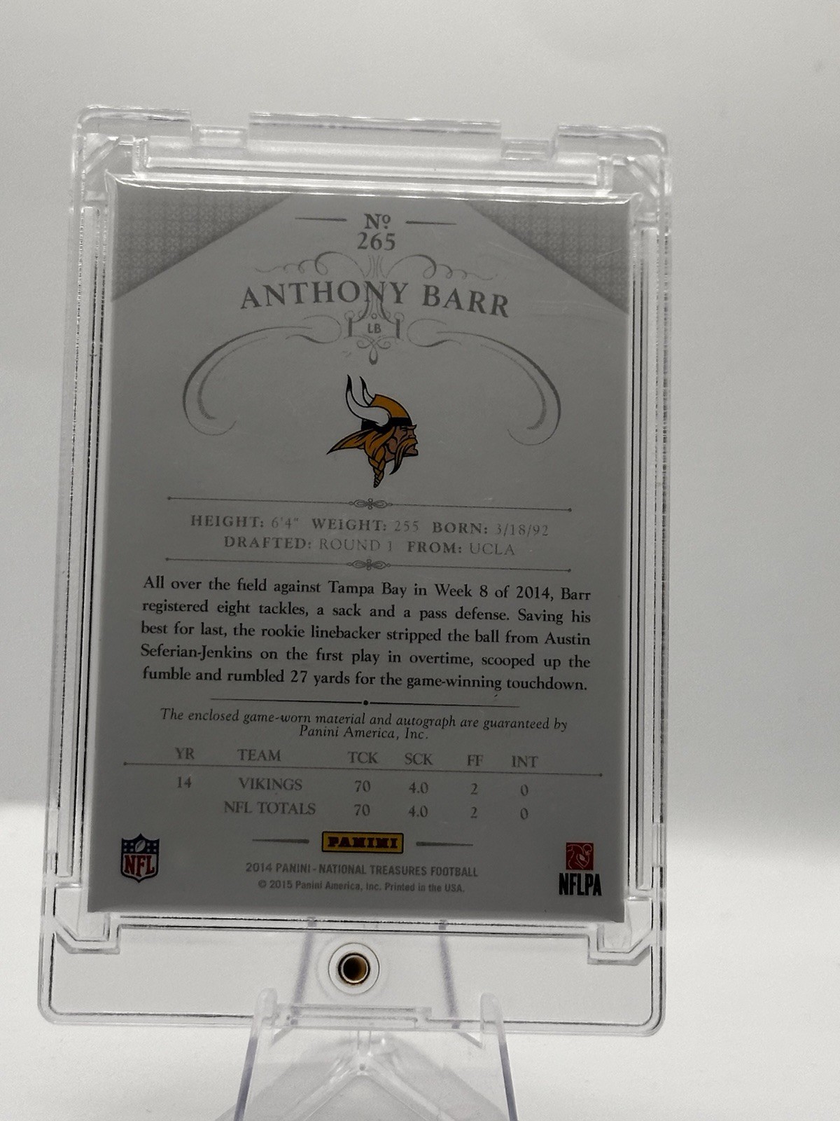 2014 National Treasures Anthony Barr  Green SP /55 GAME-USED RC PATCH AUTO HOF? view 2