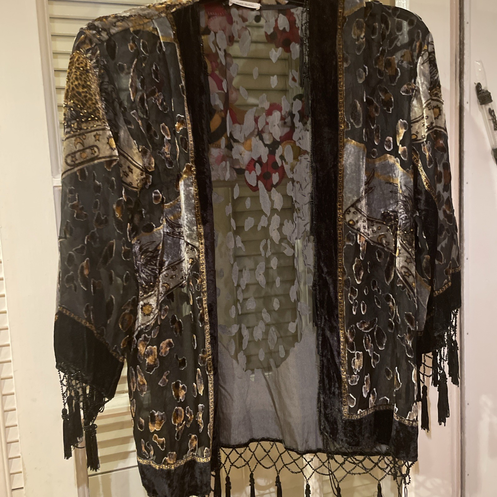 River Island, One Size, Black Crushed Velvet And  Sheer , Beaded/tassels Kimono