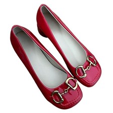 Vintage red shoes gold buckle circle heels comfortable fancy formal