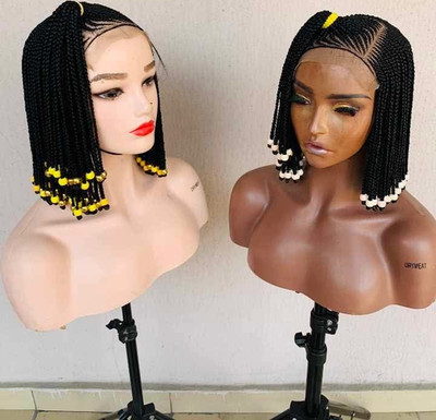 Braided Wig Beaded Short Bob Multi-Color Synthetic Free-Part for Women