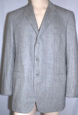Corneliani Blazer 46L Gray Herringbone Windowpane Wool Cashmere Italy 3 Button