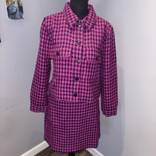 Loft Pink Navy Houndstooth Textured 2pc Suit Cropped Jacket Skirt Size S/8