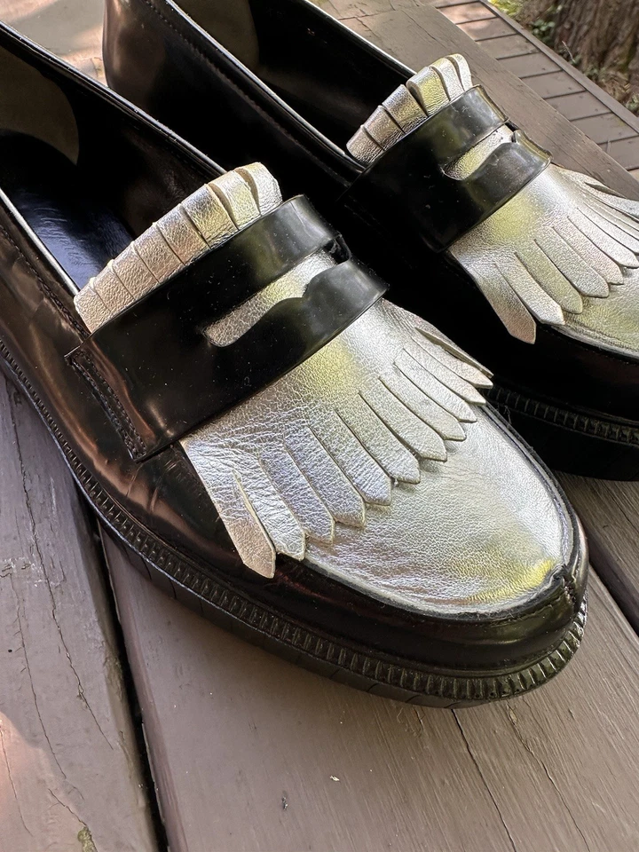 Robert Clergerie Leather Loafers Silver & Black Round Toe - Image 3 of 4