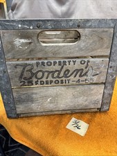 DWN VINTAGE BORDEN'S WOODEN GALVANIZED METAL MILK CRATE MICHIGAN 1955