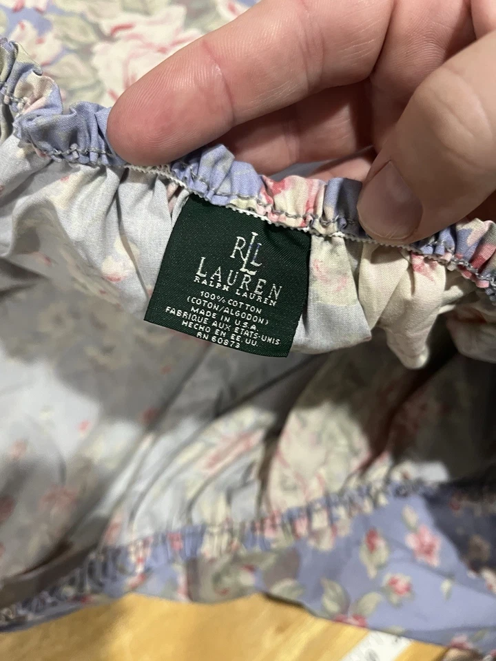 Винтажная простыня на резинке Ralph Lauren Shelter Island синяя хлопок розовый цветочный узор - Изображение 4 из 4