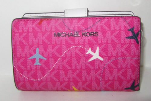 Michael Kors Jet Set Travel Medium Airplane Print Dragonfruit Bi-Fold Wallet NWT
