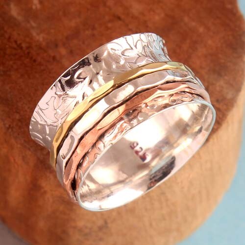 Anillo giratorio de 3 tonos sólido de plata de ley 925 hecho a mano para mujer talla US 9 - Imagen 2 de 2