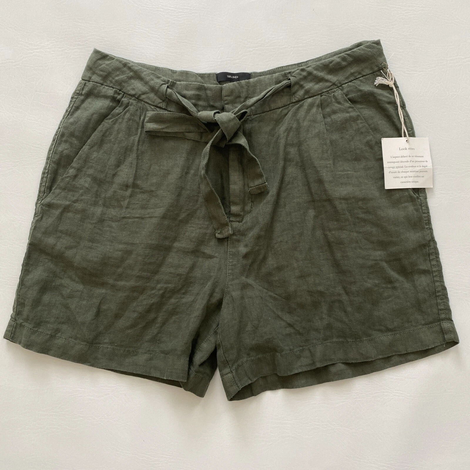 Tahari Shorts Women M Linen Green Tie Front Classic Gorpcore Pockets Solid