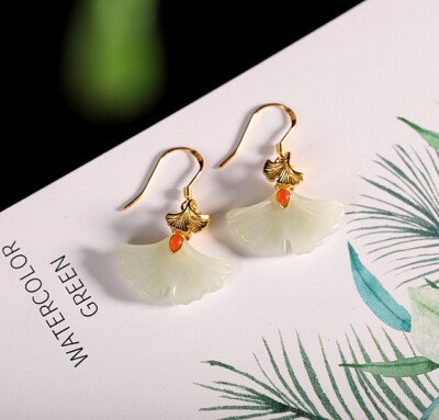 F03 Ohrringe Ginkgoblatt helle Jade 925 Sterlingsilber vergoldet