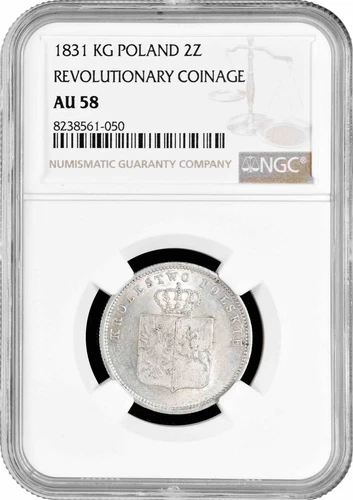 Congress Poland 2 zlote 1831 KG, NGC AU58, "Revolutionary Coinage (1830 - 1831)"
