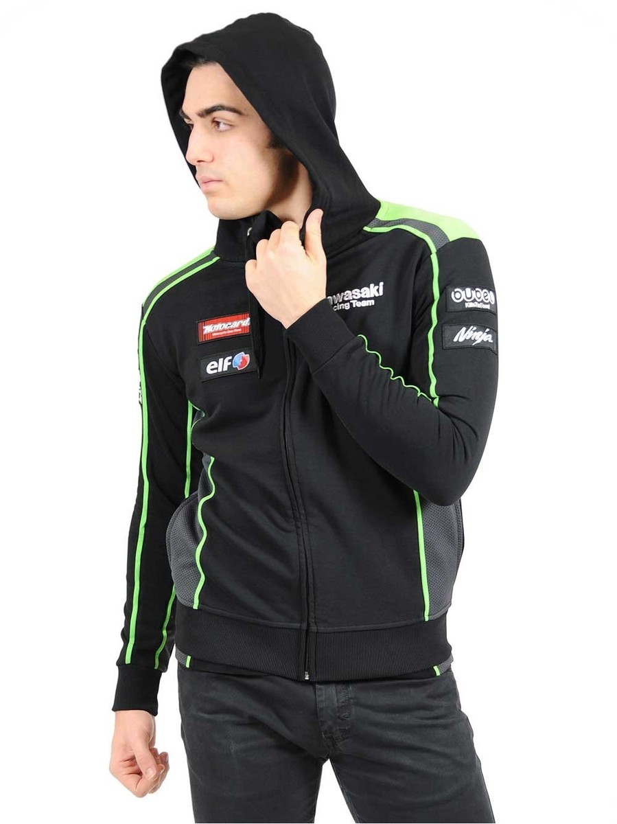 Official Kawasaki Motocard Team Black/Green Zip Up Hoodie Fleece
