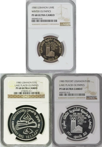 LEBANON , 1,10& 10 PIEFORT LIVRES LAKE PLACID OLYMPICS 1980 NGC PF 68 UC , RAREN