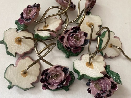 12 USED Vintage Purple Rose Green Leaf Resin Shower Curtain Hooks - Picture 15 of 16