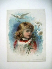  Precious 1893 Victorian "Easter" Trade Card for "Lion Coffee" w/ Girl & Dove * 
