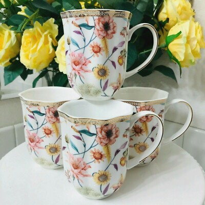 GRACES TEAWARE Bunny Spring Easter Floral Sunflower Coffee Mug Tea Cup Set 