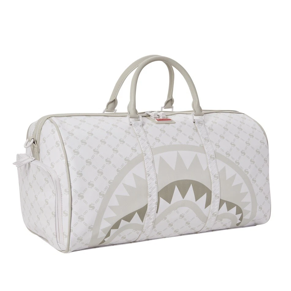 SPRAYGROUND SHARK IN PARIS WHITE DUFFLE TRAVEL BAG $ MONOGRAM