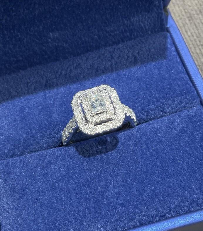 Ladies Emerald Cut Halo 14K White Gold Diamond Engagement Ring by