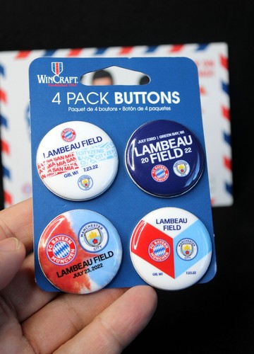 Bayern Munich vs Manchester City at Lambeau Field 4-Pack Button Pin Set by WinCr - Picture 2 of 4