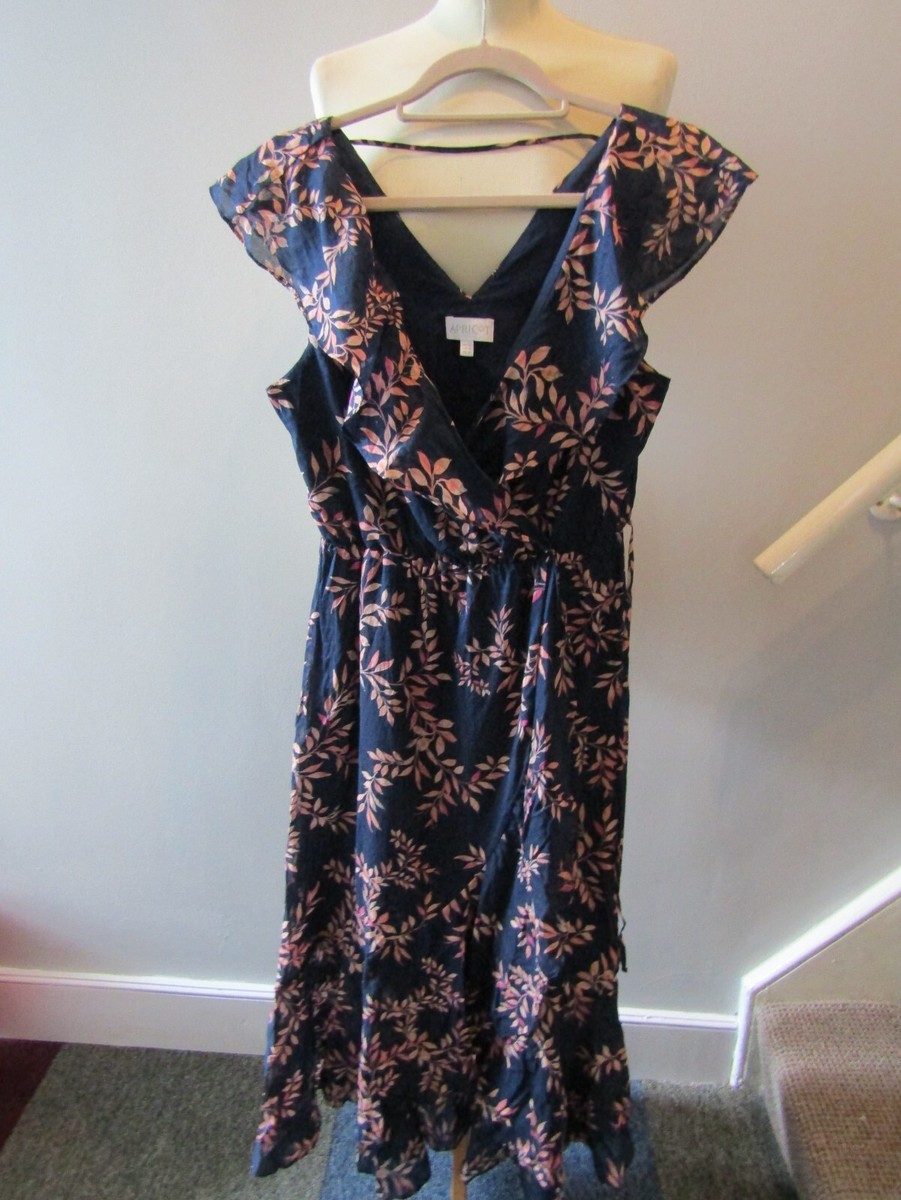 Women's Apricot Navy Blue Leaves Design Wrap Top Frilled Dress UK