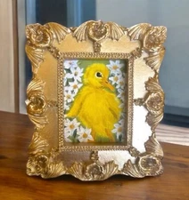 Duck & Daisies watercolor print in mini gold vintage style ornate frame