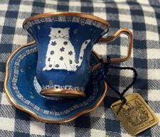 Charlotte di Vita enamel on copper cup & saucer 2004 with tag cat theme