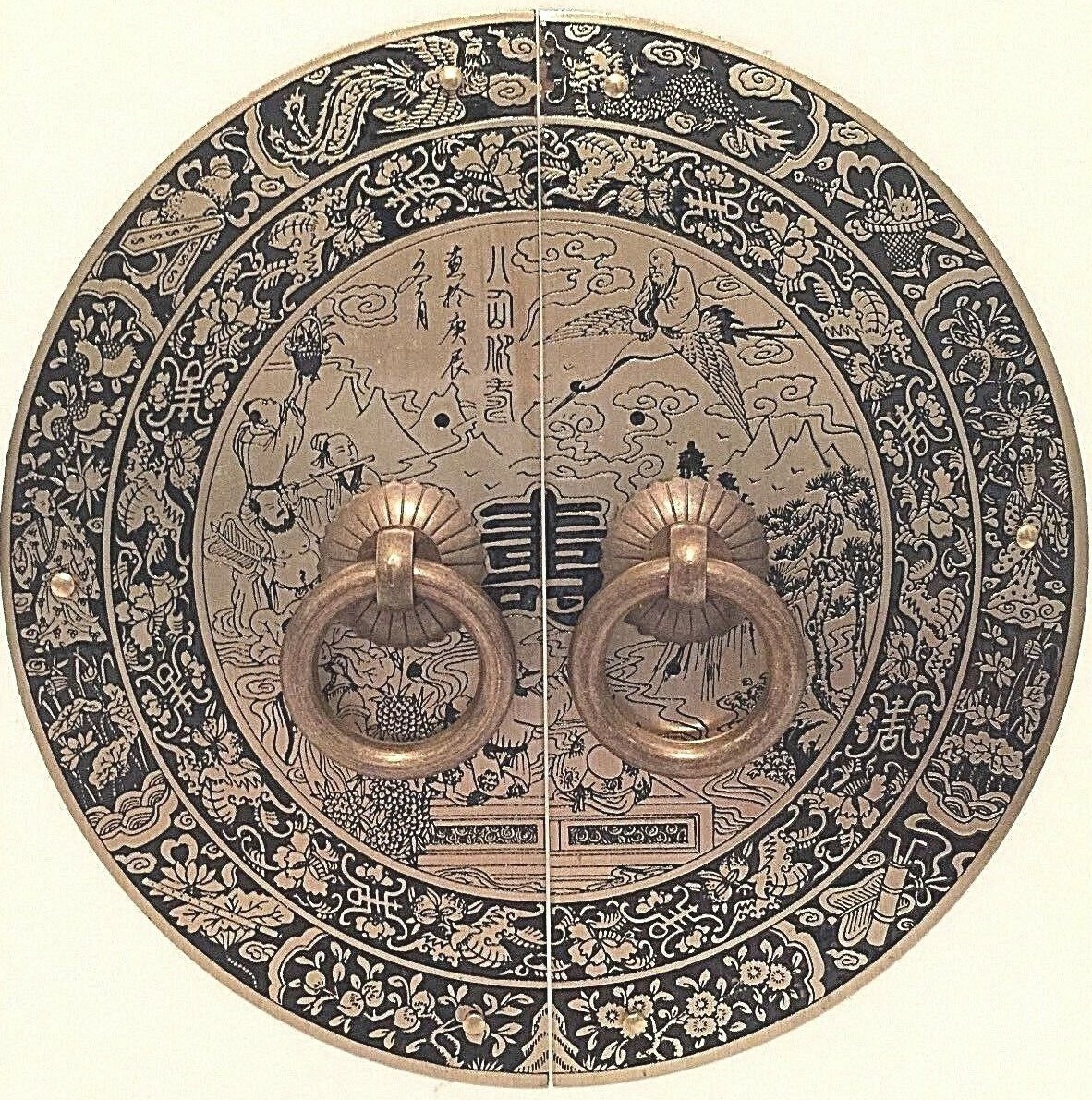 Classic Chinese 8 Gods Brass Cabinet Pull – 5.5" Round Face Plate, Black & Polished Gold Finish, Includes Fixings