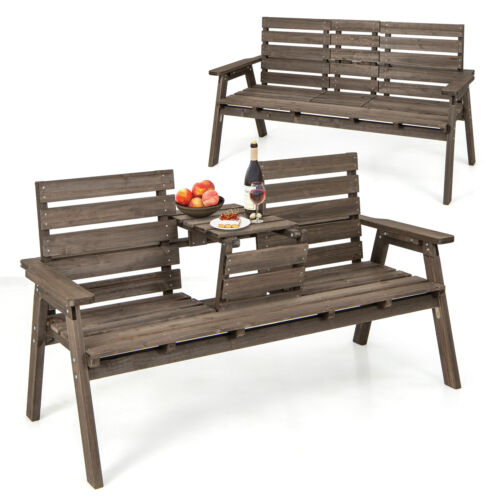 Outdoor Fir Wood Bench with Foldable Middle Table with Backrest and Armrests