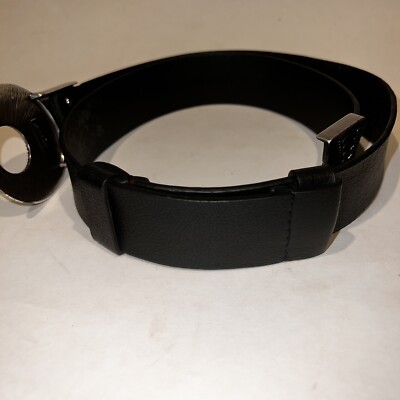Chicos Adjustable Black Leather Belt Round Silver Buckle 