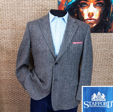 STAFFORD Men s 46 L TWEED Sport Coat Traditional Black and Gray Herringbone Wool
