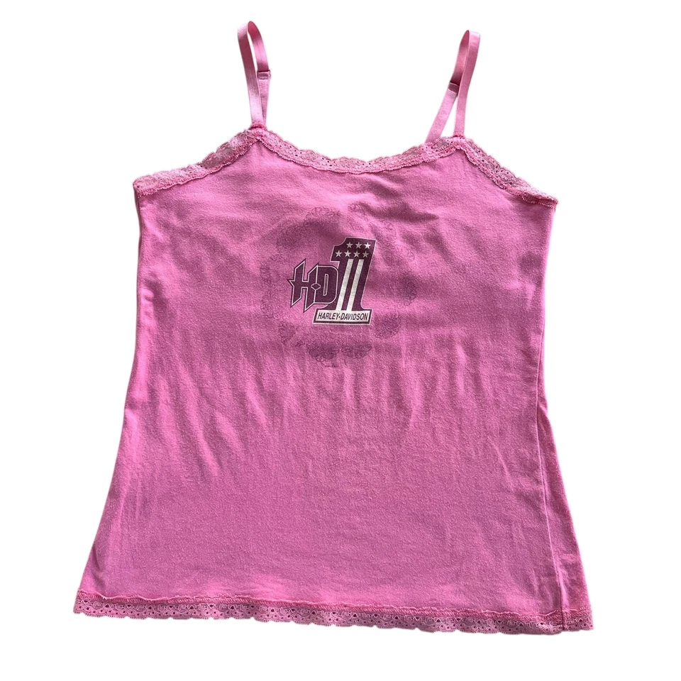 Harley Davidson XXL Rosa Claro Borde de Encaje Big Barn Cami Tanque Y2K Motociclista, Moto De Colección. Foto 2 de 4