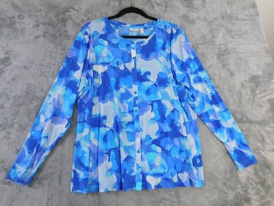 Lori Goldstein Blouse Womens 1X Blue Floral Mesh Button Up Top Coastal Beach