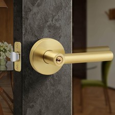 Gold Door Handle With Lock Key Heavy Duty Keyed Entry Brushed Bedroom Front