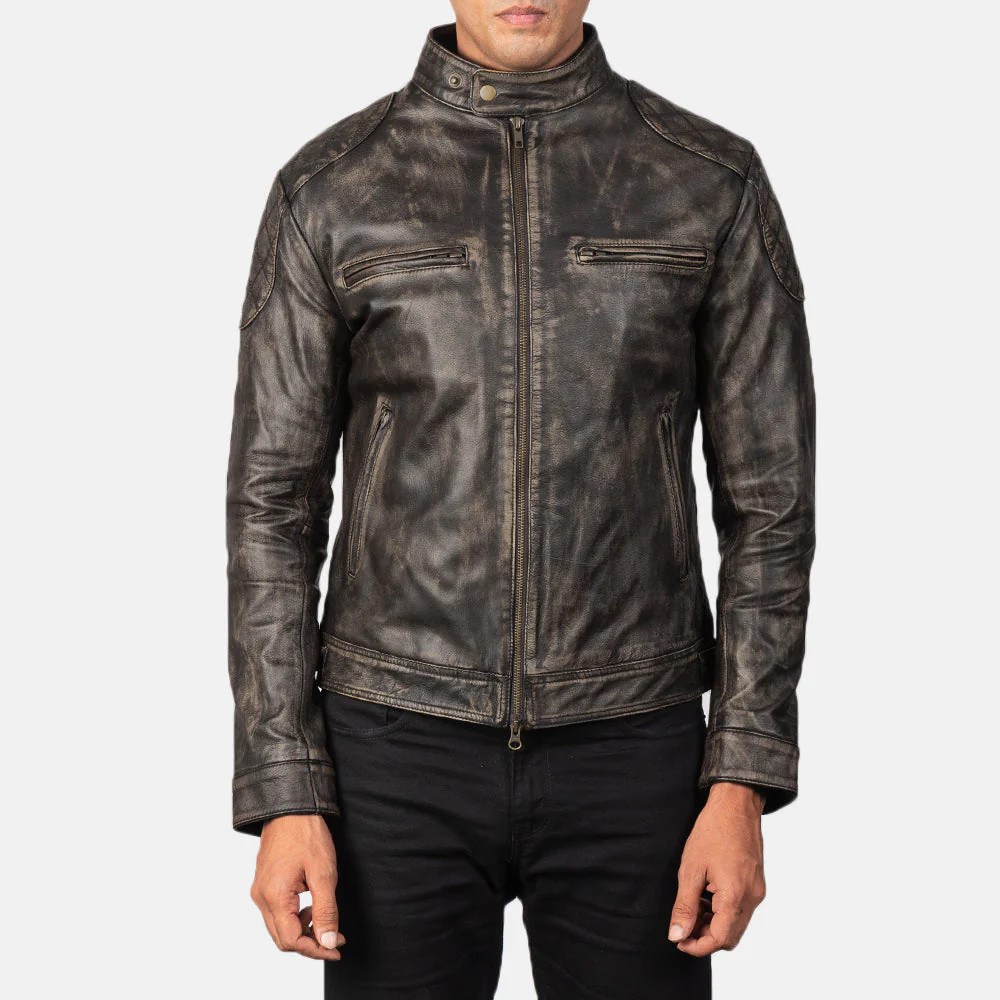 Men’s Distressed Black Leather Biker Jacket Quilted Shoulder Racer Moto Coat image 3