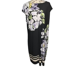 Chicos Floral Striped Shift Dress Black Purple Size 2 (12) Large Boat Neck Knit