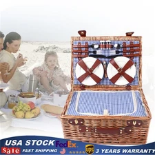 Large Wicker Picnic Basket With Cups Flatware Set Utensils Basket For 4 Person