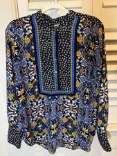 LOFT Top Blouse Size Medium Long Sleeve Henley Popover Colorful Floral Women EUC