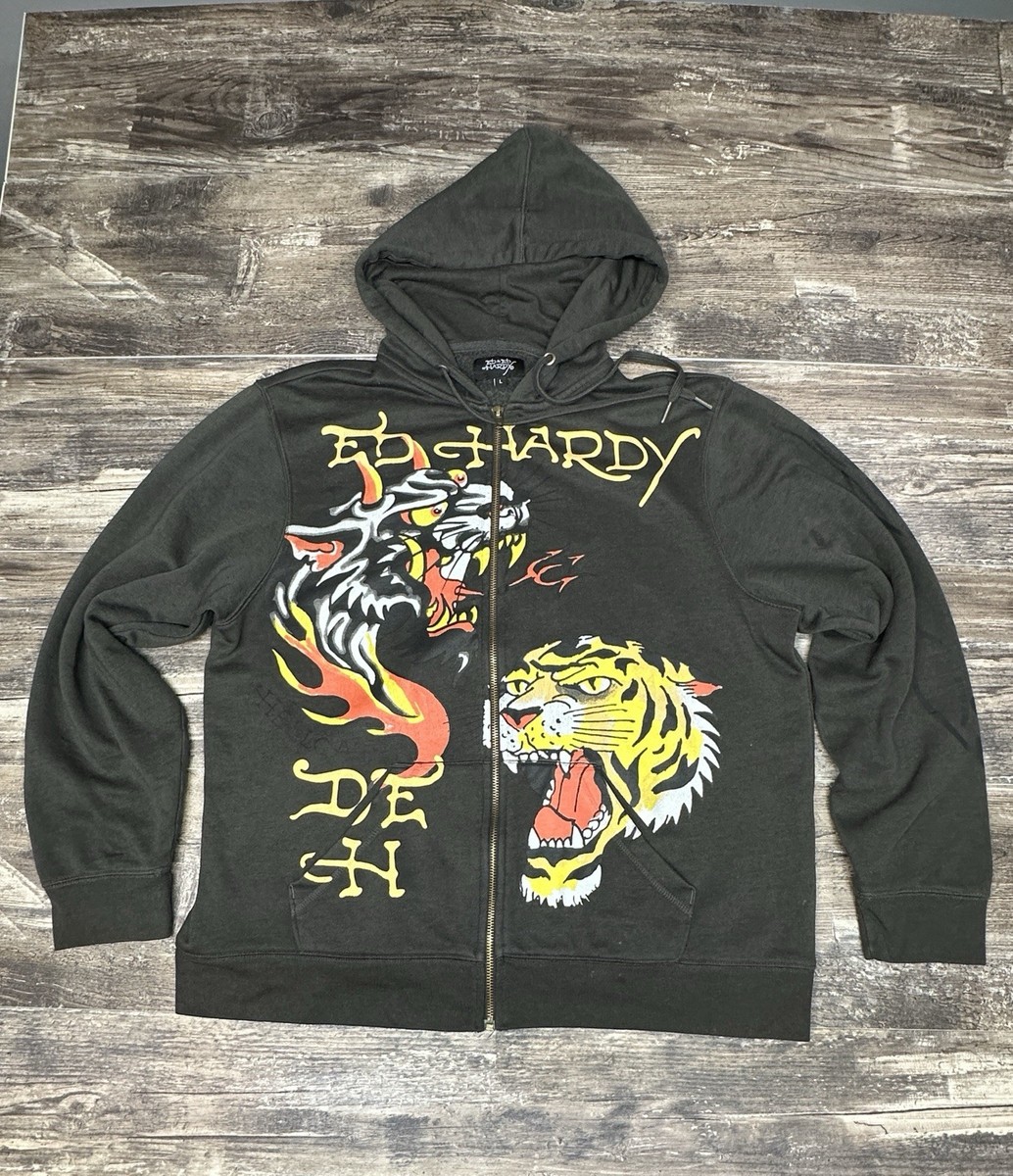 l*い様 Y2K Ed hardy系Christian Audigier ジップ Ed Hardy Tiger Zip Hoodie L Y2K Christian Audigier Graphic