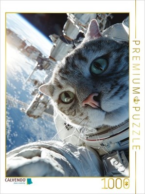 CALVENDO Puzzle Katze als Astronaut vor Raumstation im Weltall | 1000 Teile Lege